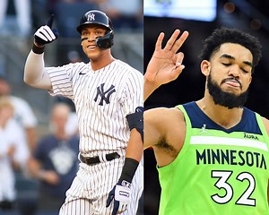 "Way too large of a human for baseball" "Just an enormous specimen" - MLB Twitter reacts to viral image of stud Aaron Judge posing next to 7-foot NBA star during Yankees BP