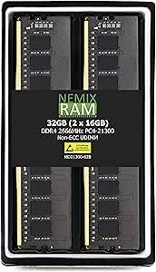 NEMIX RAM 32GB (2X16GB) DDR4 2666MHZ PC4-21300 2Rx8 1.2V CL19 288-PIN Non-ECC Unbuffered UDIMM Desktop PC Memory Unbuffered PC Memory KIT