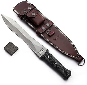 GCS Handmade D2 Steel Survival Tactical Hunting Black & White G10 Handle with Brown Leather Right or Left Hand Horizontal Fixed Blade Knife Sheath & Sharpening Stone GCS268