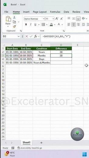 Calculate Age, Duration, and More in MS Excel - DATEDIF Formula