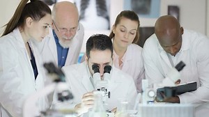 4K Scientists working in lab, looking into microscope & discussing analysis Dec 2016-UK