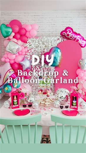 Jessica Grant on Instagram: "Party Backdrop + Balloon Garland Tutorial 💖 This Barbie party backdrop setup was SO much fun 🪩 Here’s how I put it all together - plus a few of my favorite DIY party decor essentials! 🔗Comment “PARTY” and I’ll send a DM to your inbox with links and more detailed step-by-step balloon garland directions! 🎈 SAVE this for your next celebration! 🫶🏻✨ #diy #easydiy #diycrafts #craftymama #craftymom #diytutorial #momblogger #diypartyideas #diyparty #partybackdrop #part