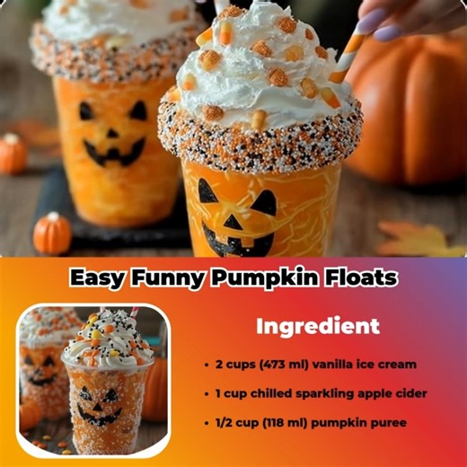 Easy Funny Pumpkin Floats Ingredients: 2 cups (473 ml) vanilla ice cream, dairy or plant-based alternative 1 cup (237 ml) chilled sparkling apple cider .... | Thriving Recipes