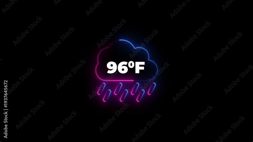 Neon cloud icon with 96 degrees Fahrenheit temperature on dark background. Weather Cloud icon animation degree of Fahrenheit.
