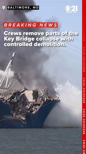Explosives are being used to remove parts of the Francis Scott Key Bridge in a controlled demolition. #breakingnews #news #baltimore #collapse #bridge #keybridge # READ MORE: https://bit.ly/3UINTZo | Local 21 CBS News, WHP Harrisburg