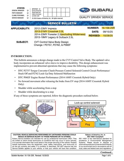 TSB# 16-156-25R -   CVT Control Valve Body Design...
