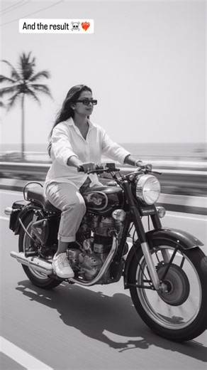 Pri TI on Instagram: "Here’s prompt guy’s ❤️‍🔥. A slim-fit 5’7 young woman riding her black Royal Enfield Bullet 350, glancing confidently to the side, hands on the handlebars, leaning naturally into the ride. SHe’s wearing an oversized white linen shirt with the top buttons open, light blue baggy jeans, and clean white Nike Air Force 1 sneakers. A silver wristwatch shines subtly on his wrist, and narrow-frame rectangular classy sunglasses complete her look. Her face is fully visible - preserve