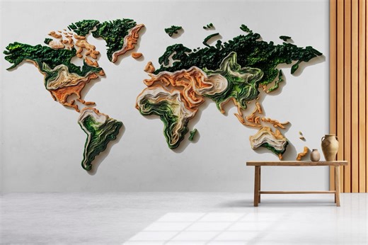 Layered World Map Wall Decal Sticker | 3D Topographic Earth Map Wall Art | Peel and Stick World Map Decor for Modern Home - Etsy