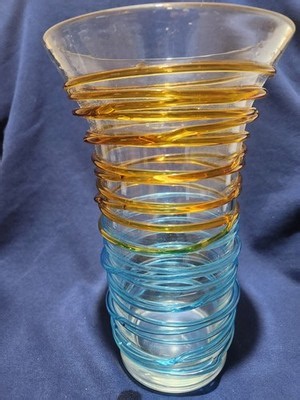 Vintage Hand Blown Glass Amber and Blue Spiral Wrap Vase Retro Mcm | eBay
