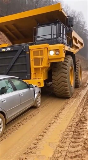 Runaway Quarry Truck Pushes Sedan Into Deep Mud