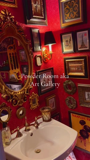 Our tiny powder room is a mini art gallery. When we lived in Europe, I saw so many tiny spaces that were adorned in rich colors and sophisticated art and accessories. I wanted to duplicate that ###and I did with thrifted items and years old black and white photos of European sites and Scottish ancestors. ❤️ #antiques #antiquestorefinds #antique #decor