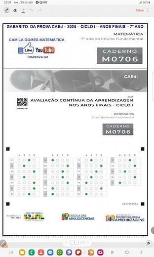 GABARITO DA PROVA DO CAEd - 2025 do ( 7° ano )