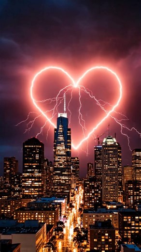 Last night, above a glowing city skyline, a lightning strike lit up the storm clouds in the shape of a perfect, bright heart a moment no one expected to see. For one electric instant, the whole sky flashed to life, carving a burning outline of light in the clouds as if the atmosphere itself was sending a message. No filter, no tricks, just raw electricity frozen into a shape so striking that everyone who saw it went silent. In that split second, the rooftops, streets, and windows below were bath