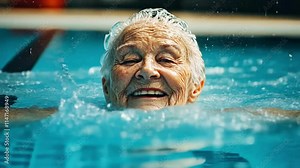 Joyful elderly woman swimming in pool with splashing water droplets - concept of sport and vitality
