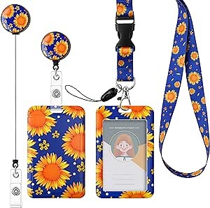 3 Pack ID Badge Holder with Lanyard Sunflower Retractable Badge Reel Belt Clips Adjustable Name Badge Keychain Tags ID Card Holder Protector Cover Case for Women Nurse Teacher Office Gifts (Blue)