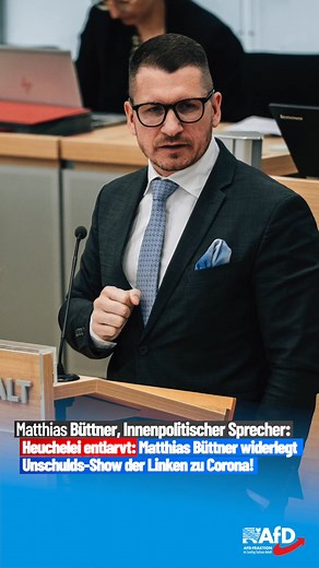 In der aktuellen Debatte zur #Corona-Aufarbeitung im Landtag von Sachsen-Anhalt präsentierte sich Eva von Angern (DIE LINKE) als vermeintlich unwissend und machtlos gegenüber den beschlossenen Maßnahmen. Matthias Büttner, 3. stellv. Vorsitzender der #AfD-Fraktion, wies diese Darstellung als pure Heuchelei zurück. Er machte deutlich, dass DIE #LINKE jederzeit die Möglichkeit gehabt hätte, durch Anträge oder klare Worte im Parlament ihre Position zu vertreten – dies aber nicht tat. Im Gegensatz da