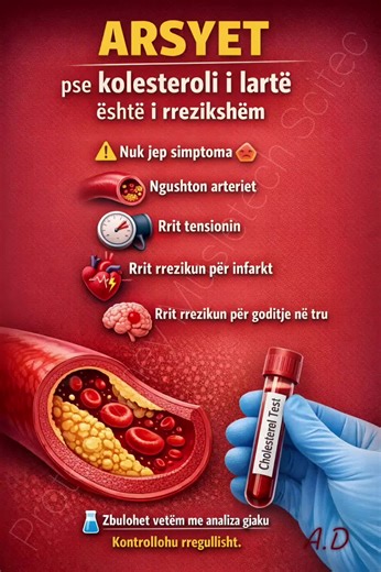 🫀 KOLESTEROLI I LARTË NUK JEP SHENJA! Shumë njerëz ndihen mirë… por analizat tregojnë kolesterol të lartë. ⚠️ Problemi? Ai punon në heshtje duke: • Ngushtuar arteriet • Rritur tensionin • Rritur rrezikun për infarkt • Rritur rrezikun për goditje në tru 🧪 Zbulohet vetëm me analizë gjaku. Mos prit simptoma për t’u kontrolluar! 🥗 Ushqimi i shëndetshëm, aktiviteti fizik dhe kontrolli mjekësor janë çelësi i parandalimit. 📌 Bëj analizat rregullisht – Parandalimi shpëton jetë. #kolesteroli #shendet