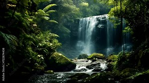 Waterfall scene in tropical forest, animated virtual repeating seamless 4k