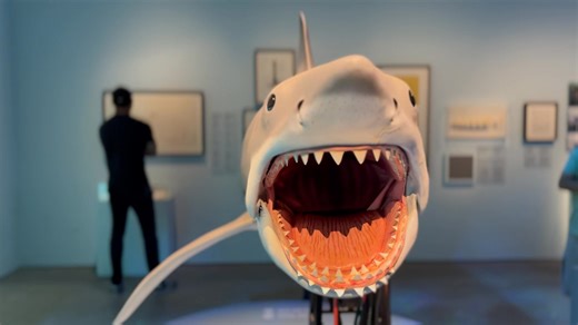 THE SHARK IS BROKEN: It survived the press preview. It survived the academy museum member preview. And on day one of the opening for the general public it was broken. The tail and the neck swiveling have been dismantled. Apparently an overzealous fan went a bit wild with the controls. Only the mouth is able to open and close. Ironically the exact same features broke and were dismantled onset 51 years ago. | Bruce the shark