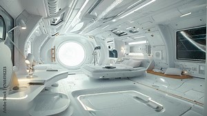 The spacecrafts interior is spacious and scifi inspired with advanced technology and comfortable living quarters for long journeys.