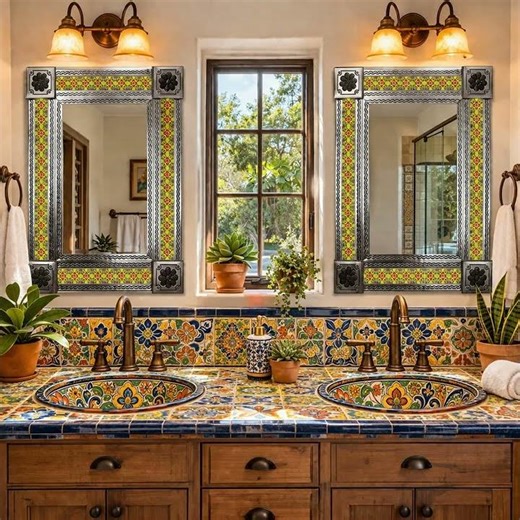 Blue Yellow Talavera Tile Mirror with Floral Geometric Pattern and Metal Frame