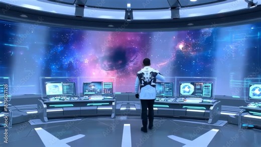 A person in a futuristic command center gazes at a galactic view. Computers and consoles line the room