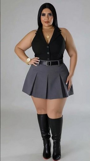 Plus Size Black Halter Vest & Gray Pleated Mini Skirt | Edgy Curvy Boss Look 🖤🩶