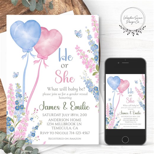 Printable Gender Reveal Invitation Template, Pink Blue Balloons, Gender Reveal Supplies, He or She Theme, Cute Trendy Baby Shower, 114SG - Etsy
