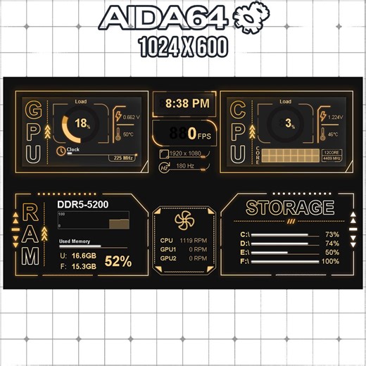 AIDA64 Sensor Panel Skin 1024x600 | Amber Gold UI | Futuristic Gaming Screen | Hardware Monitor Skin - Etsy Australia