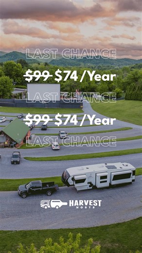 Join Harvest Hosts for just $74 and enjoy unlimited overnight RV stays at 5,800 farms, wineries, breweries, & other unique locations. And get so much more: ⛺️Unique, convenient, and quiet RV camping locations 🔌Electric and water hookups at many locations 📱Easy to use app, find locations by filtering for your rig size, dates, and Host type ⭐️Thousands of Hosts with 5-star reviews 📅71% of locations allow extra nights ✅No camping fee applies to the first night 📍Free trip planning tools 🐶90% of