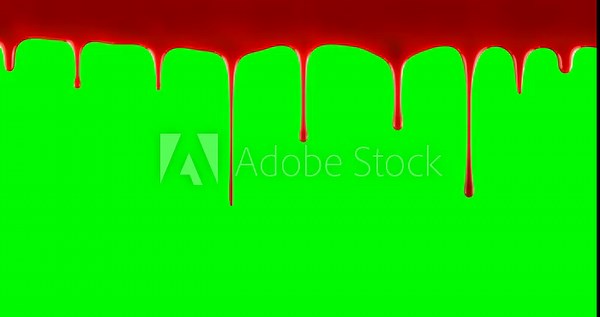 Vivid red blood flowing down over black and green screen. Blood red drops dripping down. Scary bleeding overlay showing frightening violence, an injury, terror, or a spooky Halloween background.