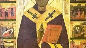 Antique Russian orthodox icon of St. Nicholas with scenes of his life, 14-15th century
