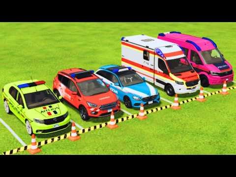 TRANSPORTING POLICE CARS, DACIA, FORD, MERCEDES, AMBULANCE, EMERGENCY COLORFUL CARS WITH TRUCK FS22