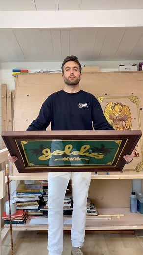 6M views · 82K reactions | Another commission off the line!  This piece has over 10 embellishments that mean something special to the private client. From the olive, to the tiny hydrangea flower and key hole details on the border. I’m currently accepting new commissions for 2025, so get in touch  Cheers! . . . #eddybennett #reverseglass #gilding #gold #pearl #contemporaryart #signpainter #artist #satisfying #pinstriping | Eddy Bennett | Facebook