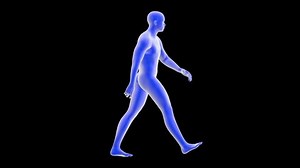 3D animation of a holographic blue man walking - Side angle - 4k video with luma matte