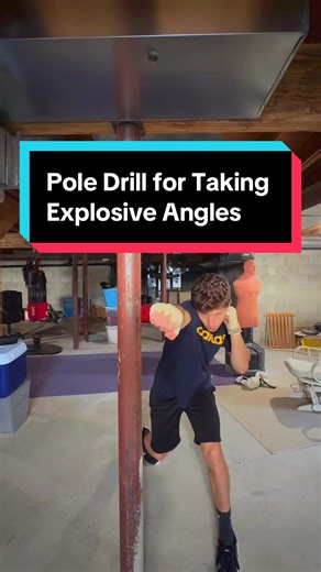 Pole drill for setting up power shots by taking explosive angles for boxing and MMA. 1. Take head off centerline and step. 2. Shift your hips—land at opponent’s shoulder 3. Throw hook around guard (pole) #muaythai #boxingdrills #angles #martialarts #fightiq