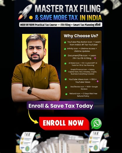 7.3K views | Introducing  India’s First Practical ITR Filing + AI Powered Tax Planning Course  ✅ Step-by-step ITR Filing (1–6) ✅ Salary, Business, Stocks, F&O, Crypto, Property ✅ Smart AI Tools for effortless tax planning  Lifetime Access | 2-Day Refund Guarantee Don’t wait – Click WhatsApp below & enroll today! | Myonlineca.in | Facebook