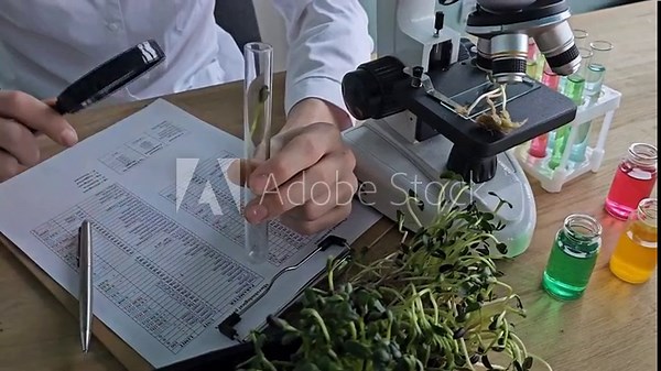 Research on plant growth using test tubes and a microscope in a lab setting