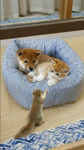 A Wild Squirrel Approaches a Resting Puppy and Kitten in the Yard