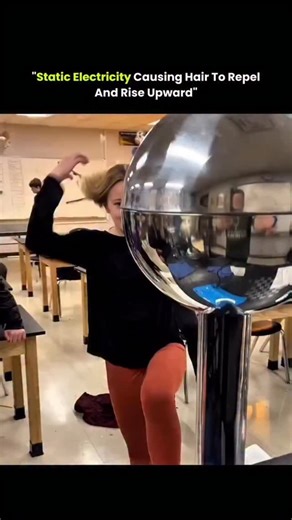 Universalhub on Instagram: "This video offers a classic and electrifying demonstration of physics in action. A student is shown placing her hand on a Van de Graaff generator, a device that accumulates significant amounts of static electricity. As the machine runs, it transfers electrons to the student's body; because each individual hair follicle becomes similarly charged, they begin to repel one another. The result is a humorous and striking visual where her hair stands on end, reaching upward