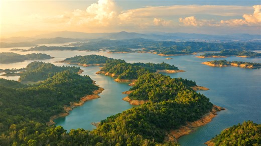 Aerial views of Guatapé Lake and its forested islands