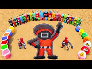 Spiderman & Big Toothpaste Eruption From Squid Game with Giant Monster, Mtn Dew, Coca Cola vs Mentos