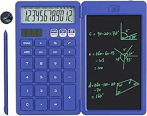NEWYES Calculator with Writing Tablet, Portable Basic Calculator Notepad for Primary and Middle School Students, Black (Blue)