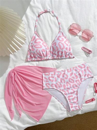 SHEIN Cute Tween Girl Leopard Print Triangle Halter Swimsuit Set With Waist Sarong (Print Randomly) Tween Bikini Sets Tween Bathing Suits 3 Piece Set Girls Beach Sets Beachwear Tween Triangle Three Piece Swimsuit Set Bathing Suit Set Girls Vacay Sets Summer Vacation Thermal Christmas Holiday Festival New Years Valentines Swim رمضان عباياتabaya جلابياتjalabiya جلابيه Three-Piece Swimsuit Set Girls Bikini 3-Piece Set Girls Bikini 3 Piece Set | SHEIN