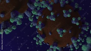 Zoom in of 3D rendered COVID-19 novel coronavirus microscopic spores or spikey red, purple and green spheres with light dust particles floating in a dark purple background moving across the screen