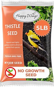 Happy Wings Thistle/Nyjer Seed Bird Food, No Growth Wild Bird Feed and Seed, Dry 5 lb. Bag