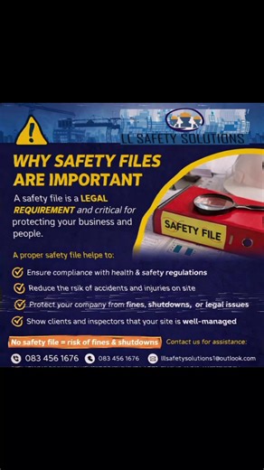 ⚠️ WHY SAFETY FILES ARE IMPORTANT ⚠️ A safety file is not just paperwork — it’s a legal requirement and a critical part of protecting your business and your people. A proper safety file helps to: ✅ Ensure compliance with health & safety regulations ✅ Reduce the risk of accidents and injuries on site ✅ Protect your company from fines, shutdowns, or legal issues ✅ Show clients and inspectors that your site is well-managed If your safety file is incomplete, outdated, or missing, your site could be 