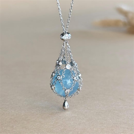 Aquamarine Crystal Cage Necklace Stone Holder Net Pendant Adjustable Silver Jewelry Throat Chakra Intentional Keepsake Gift Idea for Women - Etsy