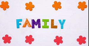 The word family is made of dancing letters in colorful font.
