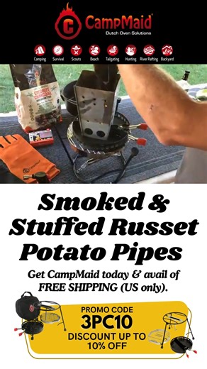 Smoky, stuffed, and sensational! 🥔🔥 Infuse bold flavor into Russet Potato Pipes with Jack Daniels wood chips for the ultimate campfire treat! Promo Code: 3PC10 Get CampMaid today & avail of FREE SHIPPING (US only). #campmaid #dutchovencooking #cookingsystem #charcoalgrilling #charcoalcooking #campcooking #outdoorliving #outdoorcooking #castironcooking #castironskillet #rvlife #rvcooking #vancooking #vanlife #campout #getoutside #campingtools #campingweekend #campingfood #campinggear #vancampin